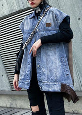 Blusas sencillas de algodón azul denim para tops midi sin mangas con solapa